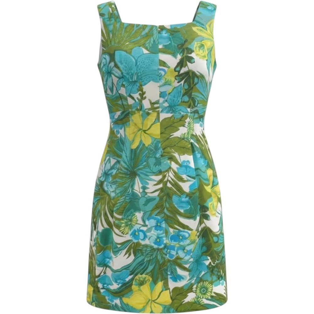 Talbots Womens 6 Tropical Floral Sheath Dress Blue Green Cotton Blend Sleeveless